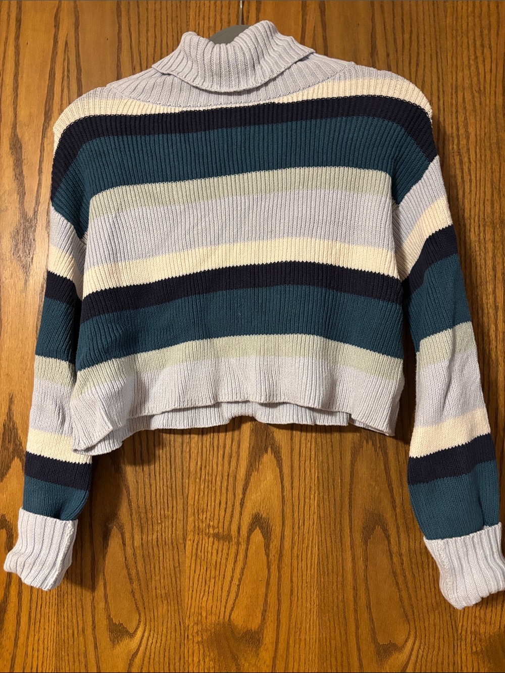 Cropped Striped Turtleneck Sweater in Teal, Navy & Cream